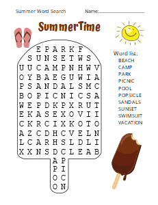 2. Kids Summer Word Search. (Easy), summer word search, printable, free, pdf, puzzle, word find, easy, hard, kids, adults, large print, download, sheet.
