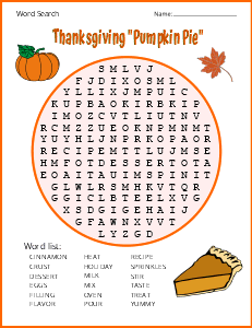 3. Thanksgiving Pumpkin Pie word search. Level - Medium thanksgiving word search, printable, free, pdf, puzzle, easy, hard, kids, adults, difficult, large print, download, sheet.