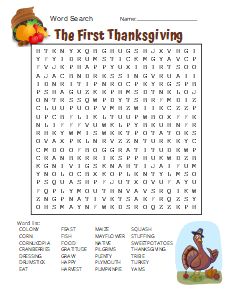 6. The First Thanksgiving word search puzzle. Level - Difficult thanksgiving word search, printable, free, pdf, puzzle, easy, hard, kids, adults, difficult, large print, download, sheet.