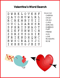 5. Free Valentine's Day word search.  (Easy) Valentine's day word search, printable, free, pdf, puzzle, kids, adults, holiday, easy, hard, large print, download, sheet.