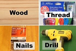 1.  Gather materials for string art project (wood, embroidery floss, nails, and drill).