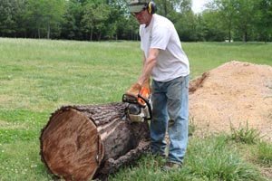 Using chainsaw to create straight edge on log for dough bowl.