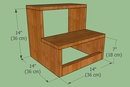 DIY wooden step stool plans, 3D model, front view.