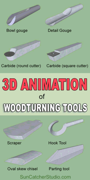 3D animation of woodturning tools, wood, turn, bowl, detail, gouge, carbide, round, cutter, scraper, hook tool, oval skew chisel, parting tool.
