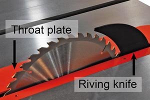 Table saw riving knife and throat plate.
