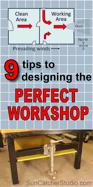 WORKSHOP DESIGN and LAYOUT TIPS. A perfect woodworking shop or garage needs to plan for dust collection, heating and cooling, electrical needs, and include mobile bases for tools. #shop #design #layout #wood #woodworking #bench.